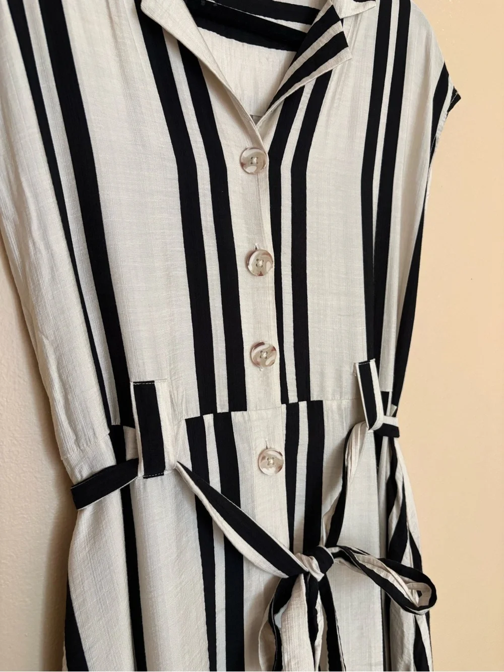 Primark Black White Vertical Stripe Button Front Belted Collared Maxi Dress - Picture 3 of 10